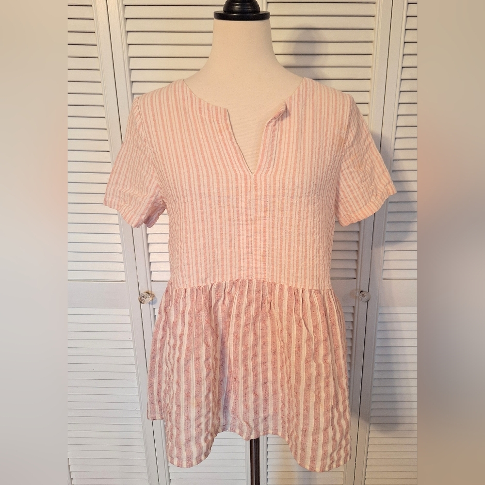 Listicle Pink Striped Linen Babydoll Top Medium *D6